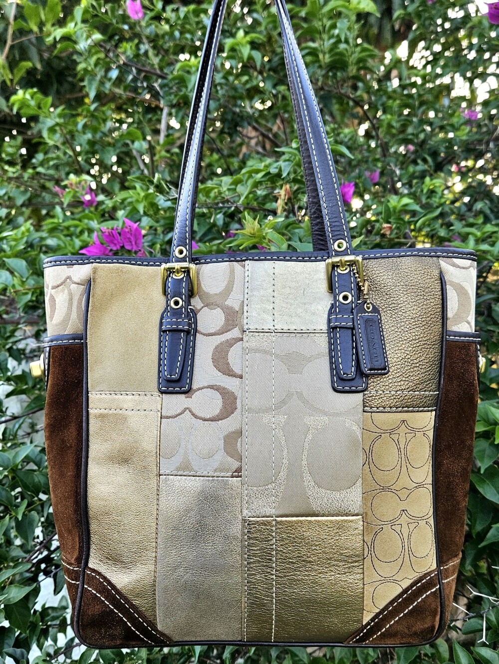 Coach F11408 Patchwork Gallery Tote Brown Suede Metallic Gold Y2K
